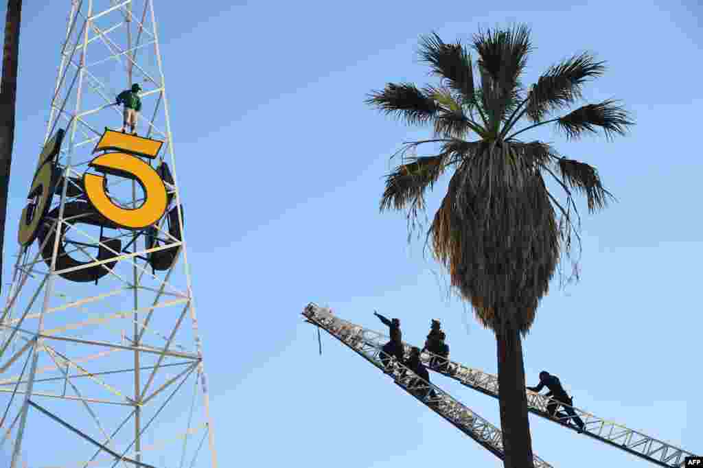 LAPD officers (R) climb two fire ladders to reach a man on the historic KTLA radio tower in Hollywood, California, May 11, 2016. For nearly three hours the man clutched the trestles of the 160-foot (53 meters) tower located at the Sunset Bronson Studios before being safely returned to the ground. He was taken into police custody for mental evaluation.