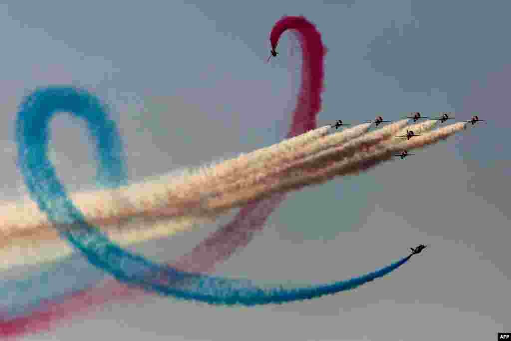 The "Red Arrows" aerobatic team from Britain performs during Athens Flying Week at Tanagra air base, north of Athens, Greece, Sept. 17, 2017.