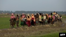 မြန်မာနိုင်ငံတွင်း စစ်တပ်ရဲ့နယ်မြေရှင်းလင်းမှုတွေကြောင့် နေရပ်စွန့်ခွာထွက်ပြေးလာတဲ့ ရိုဟင်ဂျာ ဒုက္ခသည်များကို ဘင်္ဂလားဒေ့ရှ် နယ်စပ်အနီးတွင်တွေ့ရစဉ် (စက်တင်ဘာ ၄၊ ၂၀၁၇)