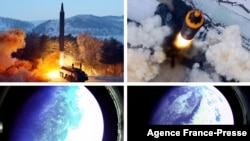 Kombinacija četiri fotografije koje je objavila zvanična državna novinska agencija Severne Koreje (KCNA), na kojima se vidi lansiranje projektila za koji Sever tvrdi da je Hvasong 12 i snimak sa glave projektila iz svemira.