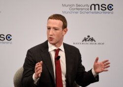 Facebook CEO Mark Zuckerberg speaks on the second day of the Munich Security Conference in Munich, Germany, Feb. 15, 2020.