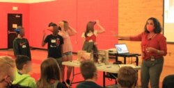 Lebanon Township Museum curator Gina Sampaio teaching middle school students about Indian boarding schools, Oct. 31, 2021.