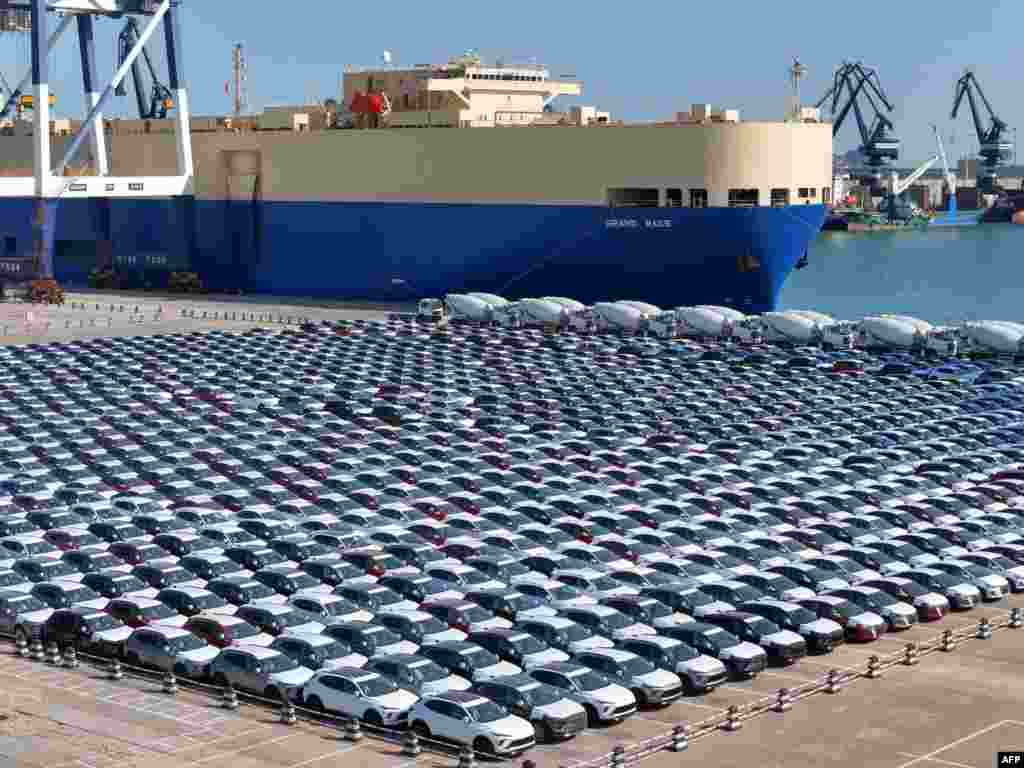 Cars for export are seen at a port in Yantai, China's eastern province of Shandong.