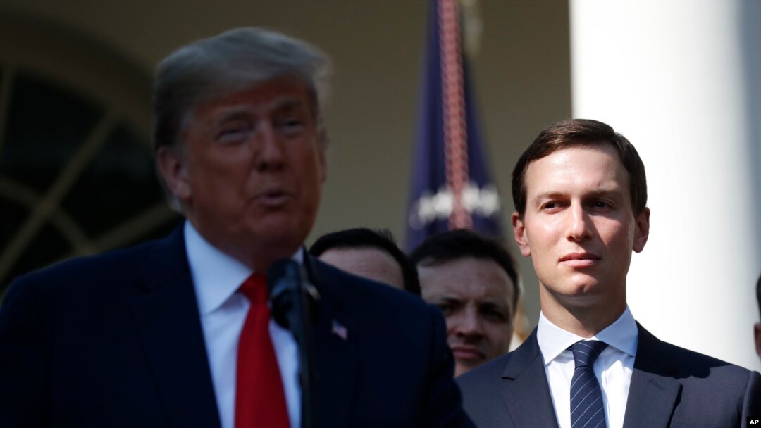 FILE - White House Senior Adviser Jared Kushner, right, listens as President Donald Trump speaks in the Rose Garden of the White House, in Washington, Oct. 1, 2018.