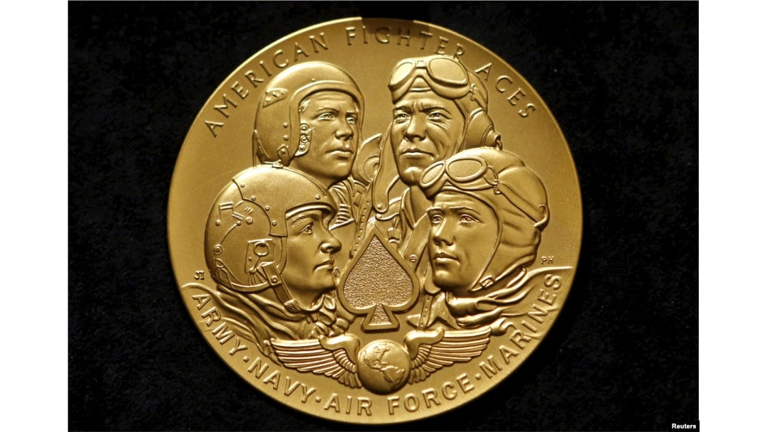 FILE - The Congressional Gold Medal to recognize the American Fighter Aces' service to the United States throughout the history of aviation warfare on display, in Washington D.C., May 20, 2015.