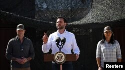 US Vice President JD Vance speaks as Defense Secretary Pete Hegseth and Director of National Intelligence Tulsi Gabbard look on during a visit to the US-Mexico border in Eagle Pass, Texas, March 5, 2025. 