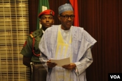Nigerian President Muhammadu Buhari, speaking in Abuja, says rescued "Chibok girl" Amina Ali will receive "the best medical, psychological, emotional and whatever other care she requires" to recover from her ordeal, May 19, 2016. (C. Stein/VOA)