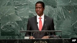 FILE - Zambia's President Edgar Lungu speaks during the 71st session of the United Nations General Assembly at U.N. headquarters, Sept. 20, 2016.