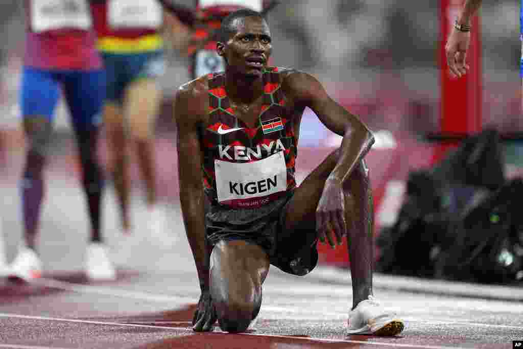 Benjamin Kigen, of Kenya, reacts after the men's 3,000-meter steeplechase final at the 2020 Summer Olympics, Monday, Aug. 2, 2021, in Tokyo. (AP Photo/Petr David Josek)