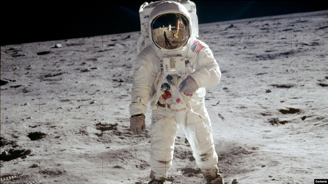 Astronaut Buzz Aldrin walks on the surface of the moon near the leg of the lunar module Eagle during the Apollo 11 extravehicular activity. (NASA photo)
