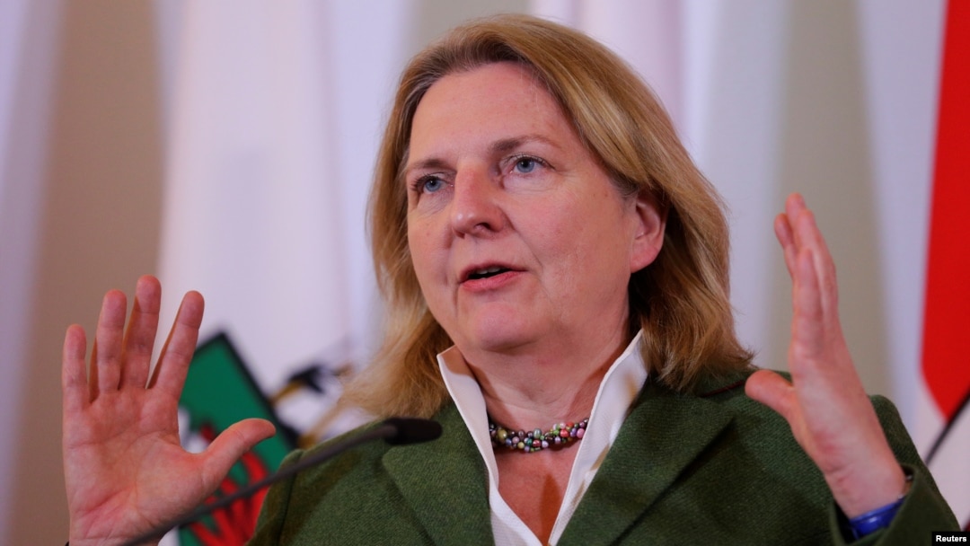 FILE - Austria's Foreign Minister Karin Kneissl addresses the media after a cabinet meeting in Vienna, Austria, April 4, 2018. 
