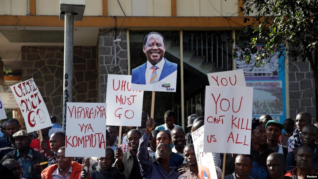 Supporters of Kenyan opposition leader Raila Odinga from the National Super Alliance coalition protest outside the Supreme Court in Nairobi, Kenya, Aug. 18, 2017.