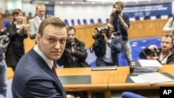 FILE - Russian opposition activist Alexei Navalny is pictured prior to a hearing at the European Court of Human Rights in Strasbourg, France, Jan. 24, 2018.