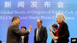 资料照片：世卫组织赴中国的调查团在考察结束后与中方的专家举行了世卫组织-中国联合研究新闻发布会，会后世卫组织团队的库普曼斯(右)和恩巴雷克(中)与中国同行梁万年(左)告别。（2021年2月9日）