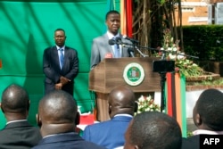 FILE - Zambian President Edgar Lungu gives a press briefing July 6, 2017, at the Zambian State House in Lusaka.