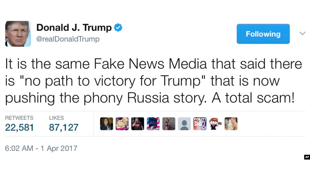 In this April 1, 2017, tweet, President Donald Trump talks about the news media and what he calls "fake news."