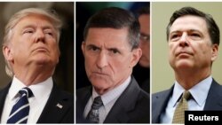 Arhiva - Predsednk Donald Tramp, bivši savetnik za bezbednost u Beloj kući, Majkl Flin i bivši direktor FBI DŽejms Komi