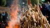 FILE - A pile of about 2,000 illegally trafficked elephant tusks and hundreds of finished ivory products are destroyed in the first ever Cameroonian burn of poached wildlife goods, in Yaounde, Cameroon, April 19, 2016. 