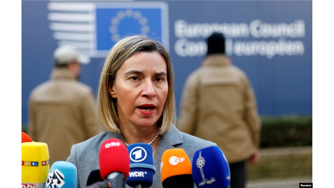 FILE - European Union foreign policy chief Federica Mogherini arrives at a EU leaders summit in Brussels, Belgium, Dec. 15, 2016.