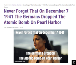 A screen capture from the website, Alexandria Ocasio-Cortez Memes.