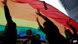 2017年11月25日，香港LGBTQ遊行參與者舉著巨大的彩虹旗。（美聯社照片）