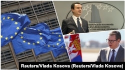 Zastave Evropske unije i pregovarači Aljbin Kurti i Aleksandar Vučić (Foto: Reuters/Vlada Kosova)