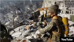 A screen capture from YouTube of the first-person shooter Metro Exodus, where players can obtain a so-called "Decommunization Achievement" by destroying a Statue of Lenin.