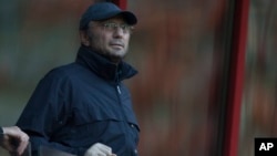 FILE - Russian billionaire Suleyman Kerimov watches a Europa League soccer match at Lokomotiv stadium in Moscow, Russia, Aug. 23, 2012.
