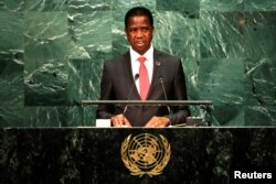 FILE - Zambia's President Edgar Chagwa Lungu addresses the United Nations General Assembly in the Manhattan borough of New York, Sept. 20, 2016.