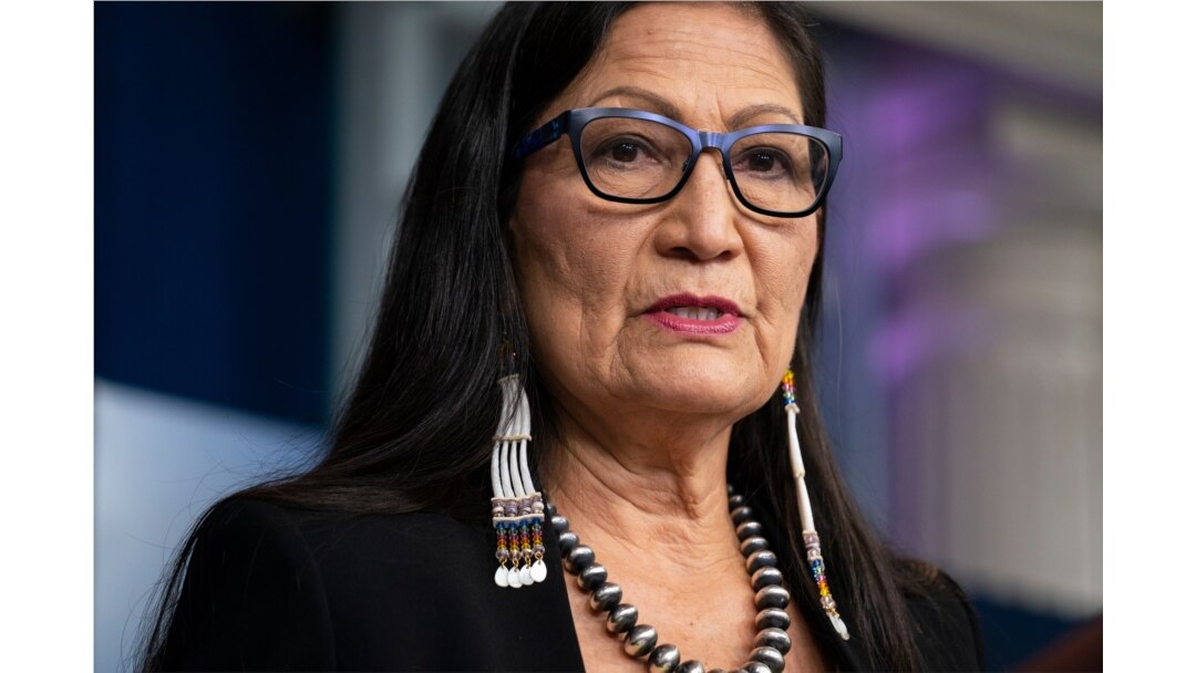 FILE - In this April 23, 2021, file photo, Interior Secretary Deb Haaland speaks during a news briefing at the White House in Washington.