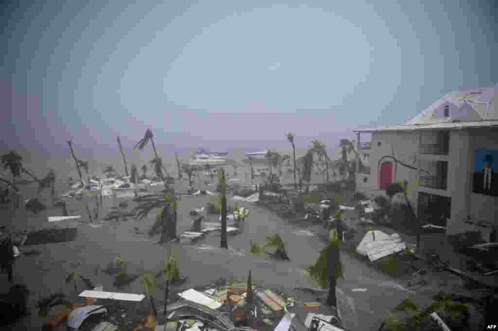 The Hotel Mercure in Marigot, near the Bay of Nettle, on the French Collectivity of Saint Martin, during the passage of Hurricane Irma, Sept. 6, 2017. France, the Netherlands and Britain sent water, emergency rations and rescue teams to their stricken territories in the Caribbean hit by Hurricane Irma, which has killed at least 10 people.