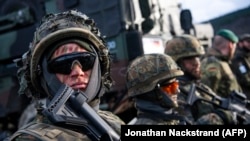 NORWAY -- German soldiers are pictured at a static display during the Trident Juncture 2018, a NATO-led military exercise, in Trondheim, October 30, 2018