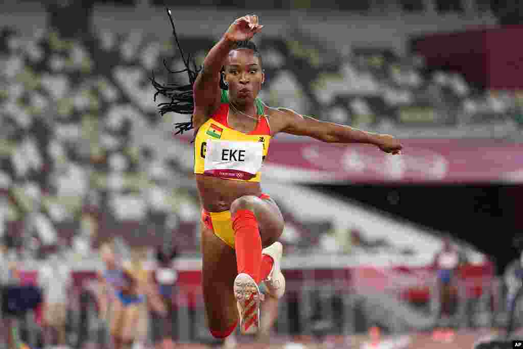 Nadia Eke, of Ghana, competes in the qualification rounds of the women's triple jump at the 2020 Summer Olympics, Friday, July 30, 2021, in Tokyo. (AP Photo/David J. Phillip)
