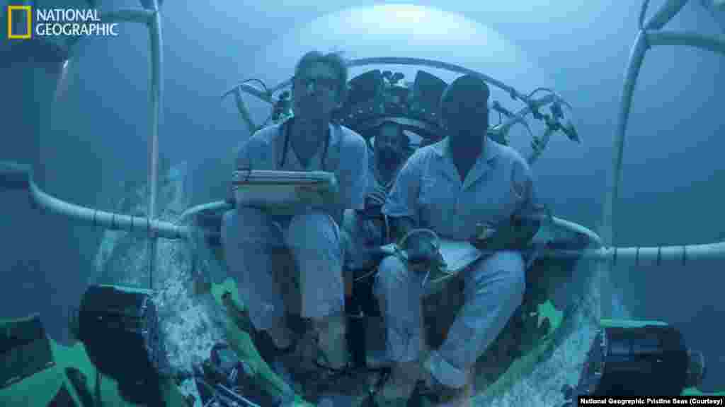 National Geographic Pristine Seas team members are seen aboard the new custom-designed National Geographic Pristine Seas submersible, the Argonauta, on expedition in the Solomon Islands.