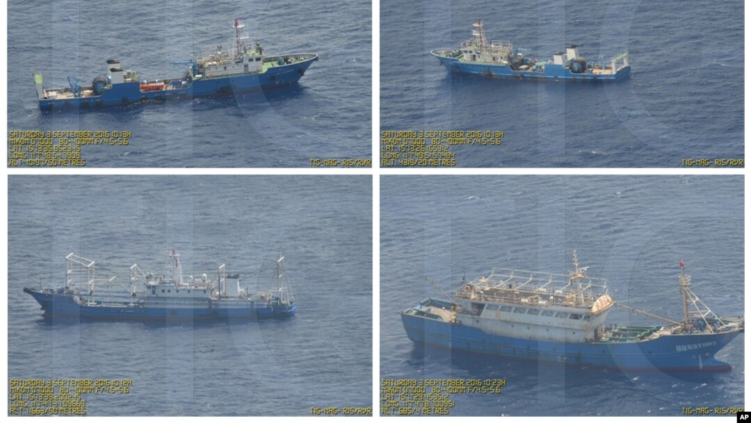 This combination of Sept. 3, 2016 photos provided by the Philippine Government shows what it says are surveillance pictures of Chinese coast guard ships and barges at the Scarborough Shoal in the South China Sea. 