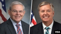 参议院外交关系委员会主席梅嫩德斯参议员（Sen. Bob Menendez, D-NJ）（左）和参议院预算委员会首席共和党议员格雷厄姆（Sen. Lindsey Graham, R-SC）（右）