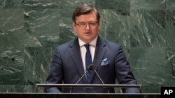 Ukrainian Foreign Minister Dmytro Kuleba speaks at the general assembly hall, Feb. 23, 2022, at U.N. headquarters in New York.