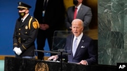 美國總統拜登2022年2月21日在第77屆聯合國大會上發表講話。