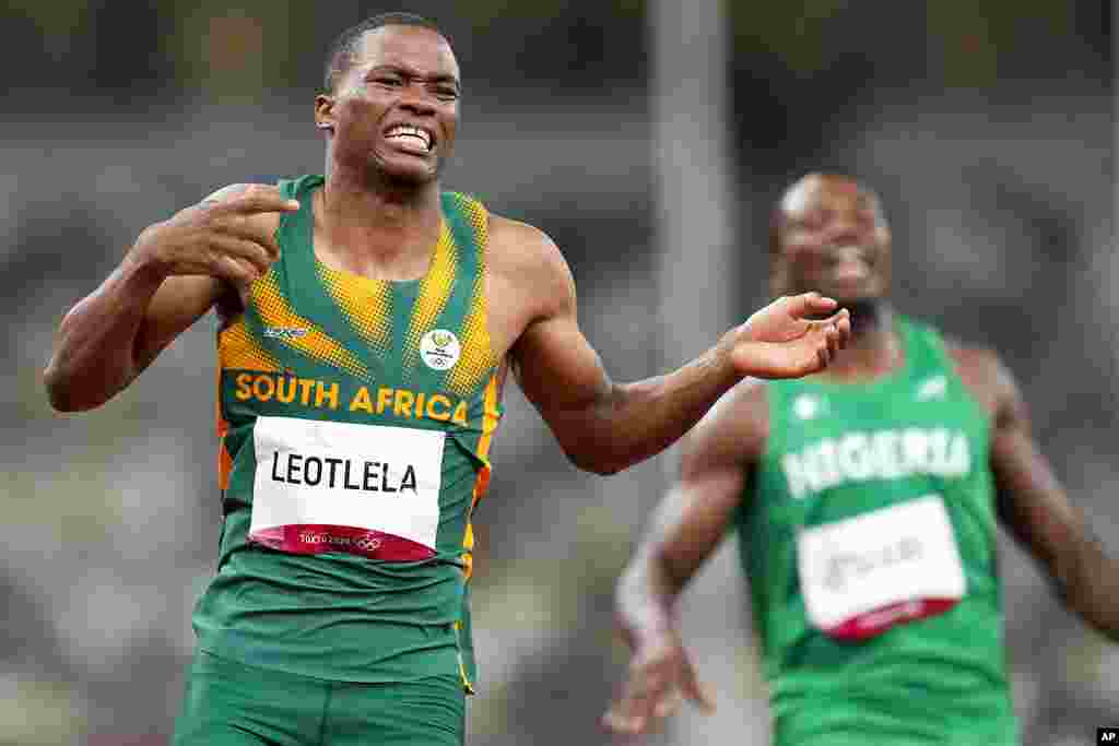 Gift Leotlela, of South Africa, reacts after a men's 100-meter semifinal at the 2020 Summer Olympics, Sunday, Aug. 1, 2021, in Tokyo. (AP Photo/Petr David Josek)