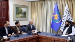Taliban acting Minister of Refugees and Repatriation Affairs Mawlawi Abdul Kabir, far right, meets Iranian acting ambassador Alireza Bekdali, 3rd from left. (Photo issued by the Afghan Taliban's Ministry of Refugees and Repatriation Affairs on X)