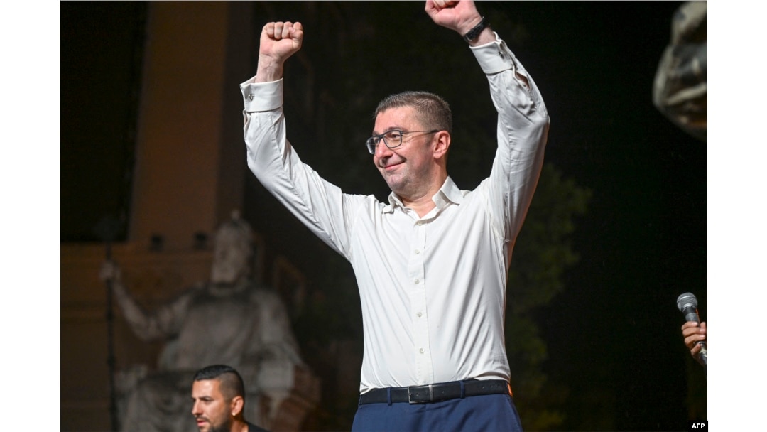Hristijan Mickoski, leader of North Macedonian opposition party VMRO-DPMNE, addresses supporters in Skopje on May 8, 2024.