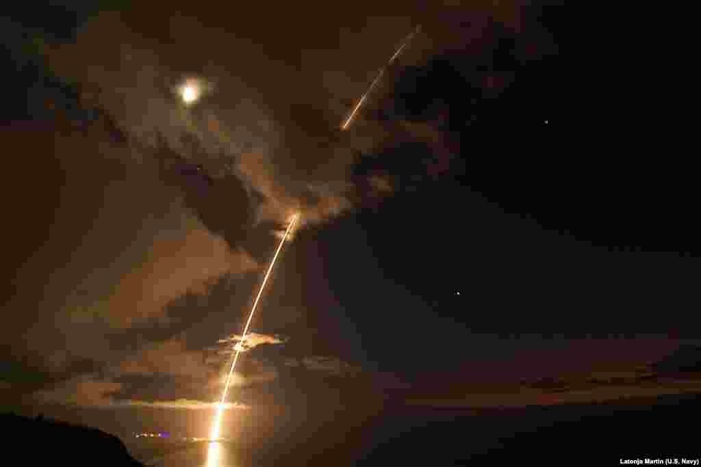 A medium-range ballistic missile target is launched from the Pacific Missile Range Facility in Kauai, Hawaii, during Flight Test Standard Missile-27, Event 2. The target was successfully intercepted by SM-6 missiles fired from the guided-missile destroyer destroyer USS John Paul Jones.