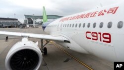 香港國際機場展示的中國製造的C919民用噴射客機。（2023年12月13日）
