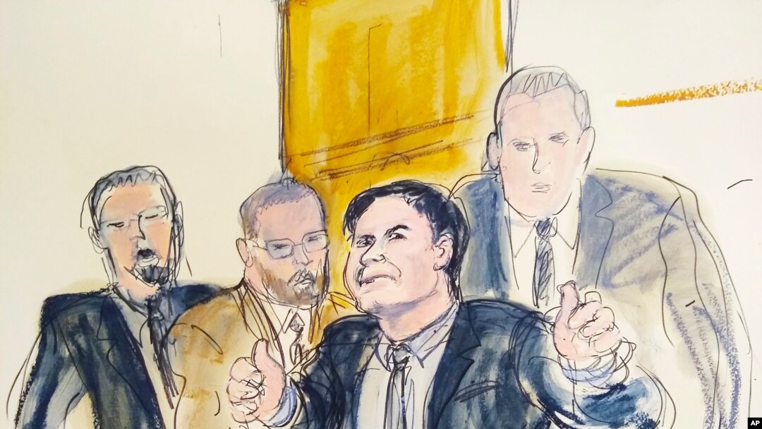 In this courtroom drawing, Joaquin "El Chapo" Guzman, second from right, gestures a "thumbs up" as he leaves the courtroom, Feb. 12, 2019, in New York. The notorious Mexican drug lord lost his bid for a new trial, July 3, 2019.