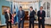 FILE - Secretary of State Antony Blinken, center right, meets with, from left, Marshall Islands Foreign Affairs and Trade Minister Jack Ading, Palau President Surangel Whipps, Jr., and Micronesia President Wesley Simina, Sept. 26, 2023, at the State Department in Washington. 