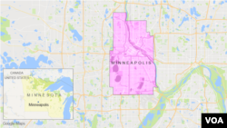 Map of showing location of the city of Minneapolis in the U.S. state of Minnesota. The mosque that was set on fire sits approximately 12 kilometers (about 7.5 miles) east, in St. Paul.