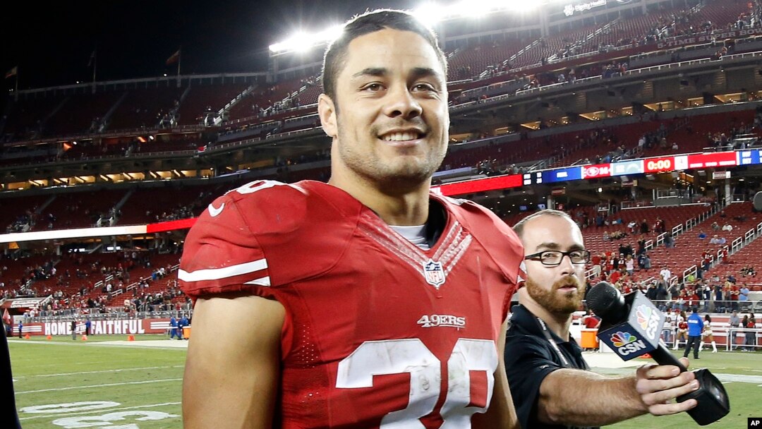 FILE - San Francisco 49ers running back Jarryd Hayne (38) walks off the field after an NFL preseason football game against the San Diego Chargers in Santa Clara, Calif., Sept. 3, 2015. 