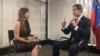 Venezuelan opposition leader Juan Guaido (R) is interviewed by VOA Spanish reporter Adriana Nunez Rabascal, in Caracas, Venezuela, Aug. 19, 2019.