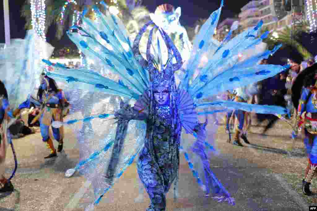 Artists perform during the parade of the 140th edition of the Nice Carnival in the French Riviera City of Nice, Feb. 15, 2025.