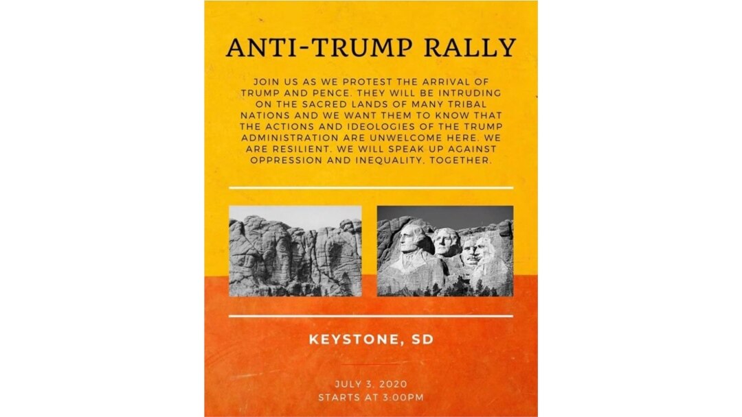 Poster on Facebook advertising a rally protesting President Trump's visit to Mt. Rushmore on July 3, 2020.